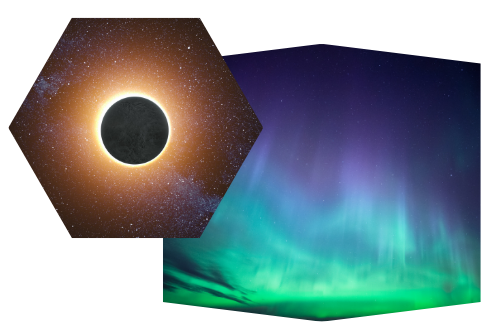 a photo of a solar eclipse, layered on top of a photo of a blue purple sky with the northern lights
