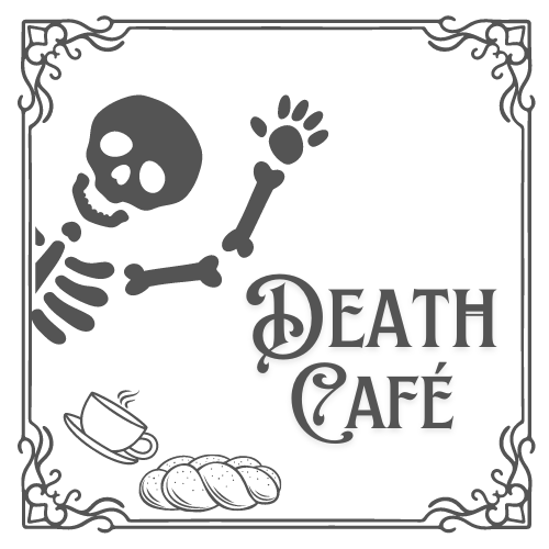 The image of a waving and smiling skeleton, a tea cup, and a loaf of braided challa bread, with the words, "Death Café"