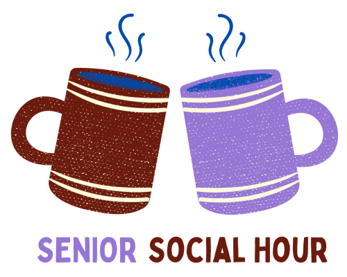 A brown mug wit a hot liquid and a purple mug with a hot liquid with the words "senior social hour" below them