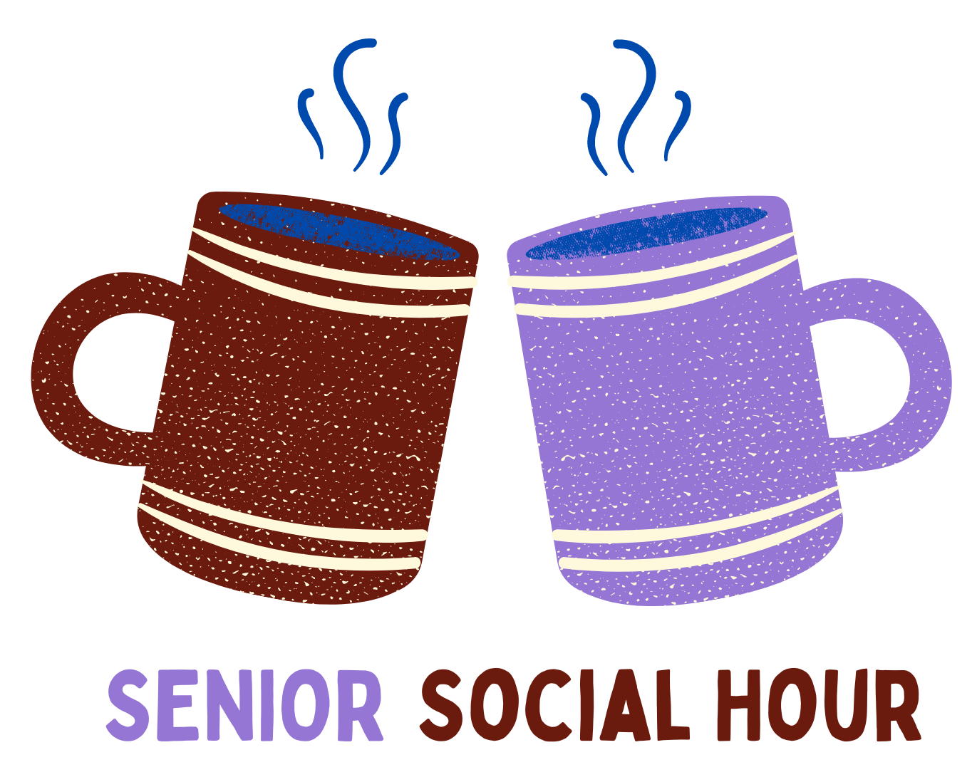 A brown mug wit a hot liquid and a purple mug with a hot liquid with the words "senior social hour" below them