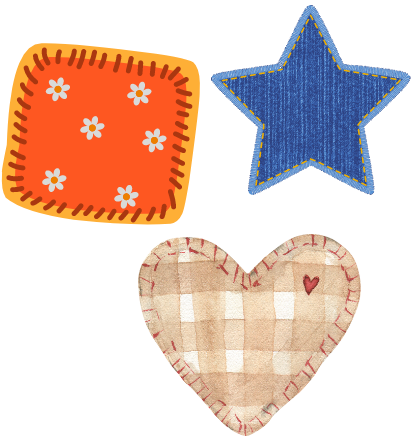 graphic representation of three different sewn patches in the shape of a red square, a blue star, and a brown and white checked heart