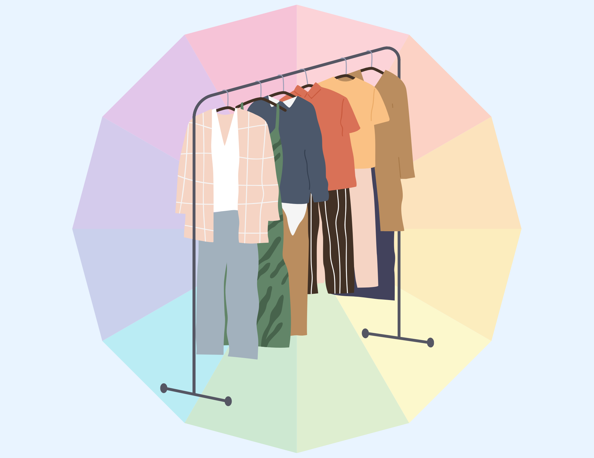 Rack of clothing over color wheel and blue background