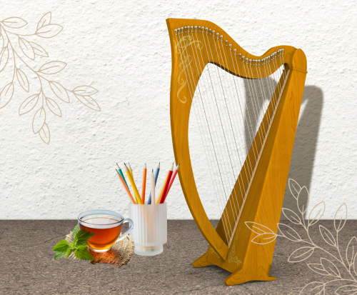 An image of a harp, a cup filled with colored pencils, and a cup of tea against a white and beige background with a leaf motif in the corners