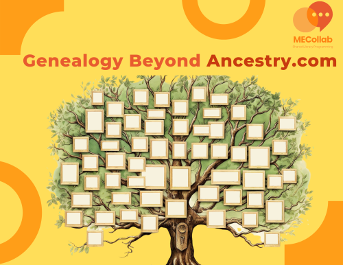 Text reads Genealogy Beyond Ancestry.com with a graphic of a tree full of picture frames on a yellow background