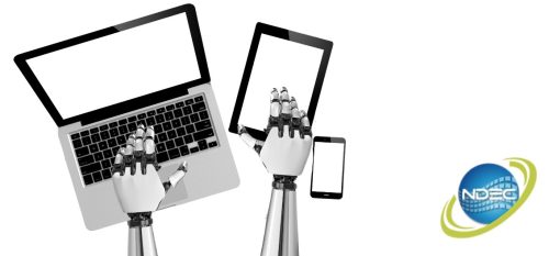 an image of robot hands using a laptop and an ipad, with a an iphone next to them