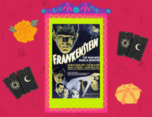 Poster for the movie Frankenstein on a magenta background, with small graphics of a marigold, tarot cards, and a loaf of pan de muerto around the poster