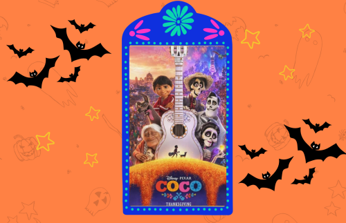 an image of the cover of the DVD Coco surrounded by Halloween imagery included bats on an orange background