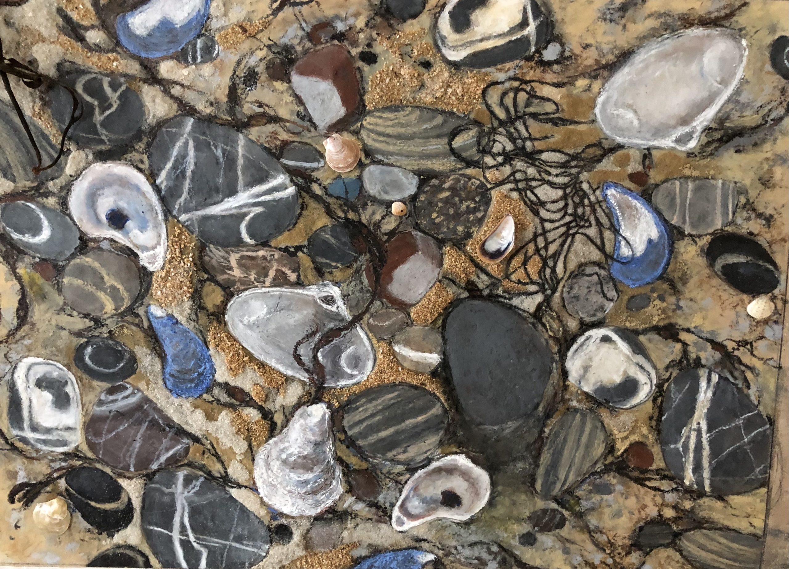 mixed media collage of shells on a beach by Margaret A. Gill