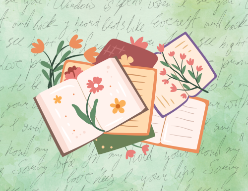 Handwritten text on green background with images of books and flowers