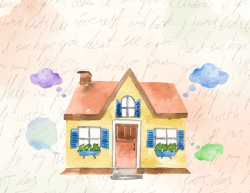 Handwritten text over a beige background with an image of a house and thought bubbles