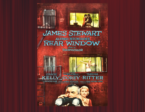 Movie poster for Rear Window against red curtain background