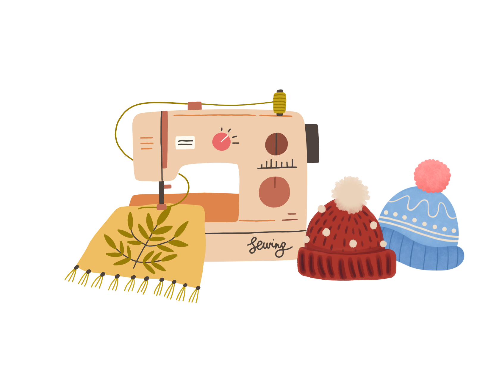 Graphics of a sewing machine and two colorful winter hats with pom poms.