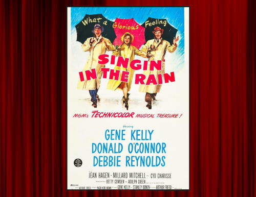 Movie poster for Singin in the Rain on red curtain background