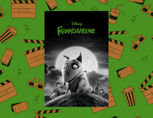 DVD poster for Frankenweenie set against green background with orange movie graphics