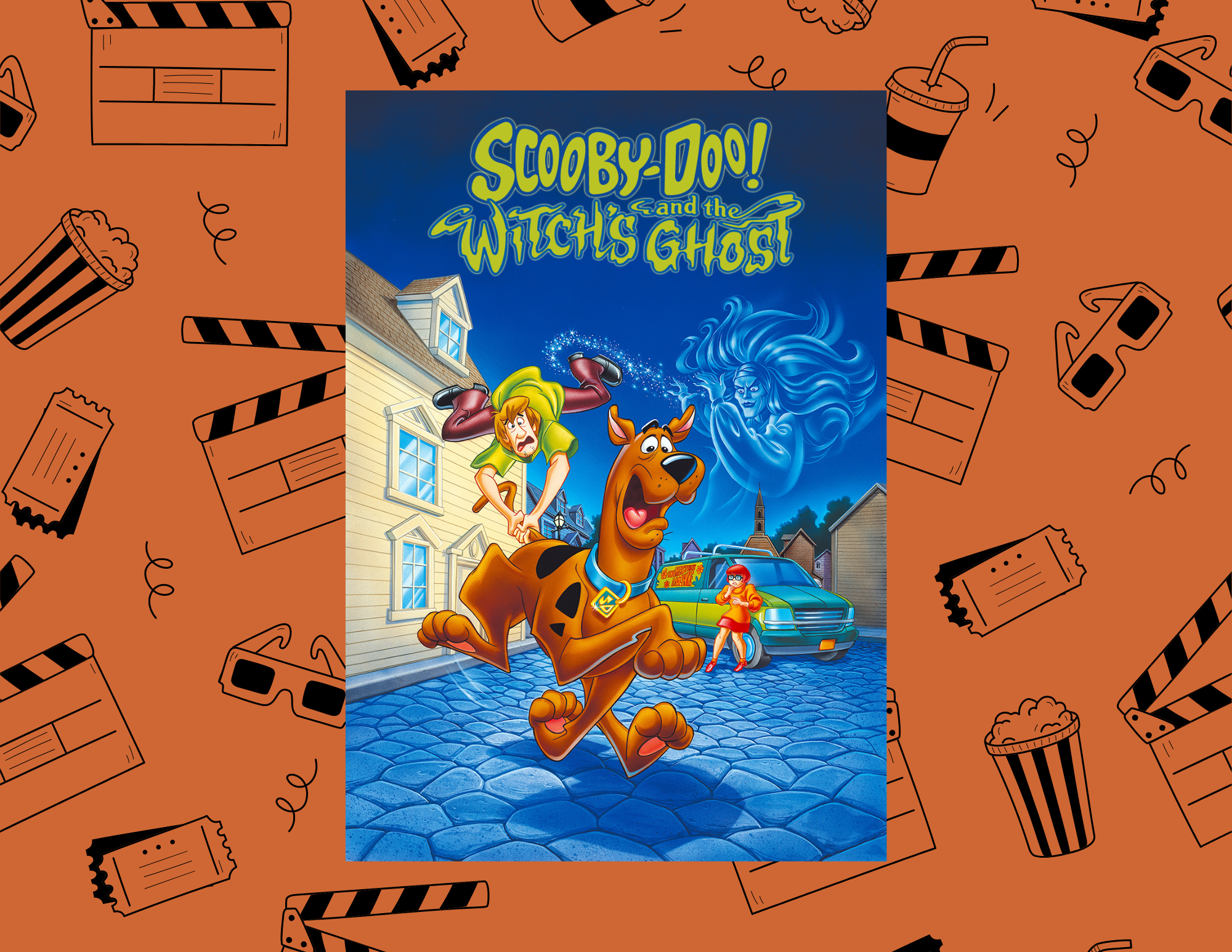 DVD poster for Scooby-Doo and the Witch's Ghost on orange background with movie graphics