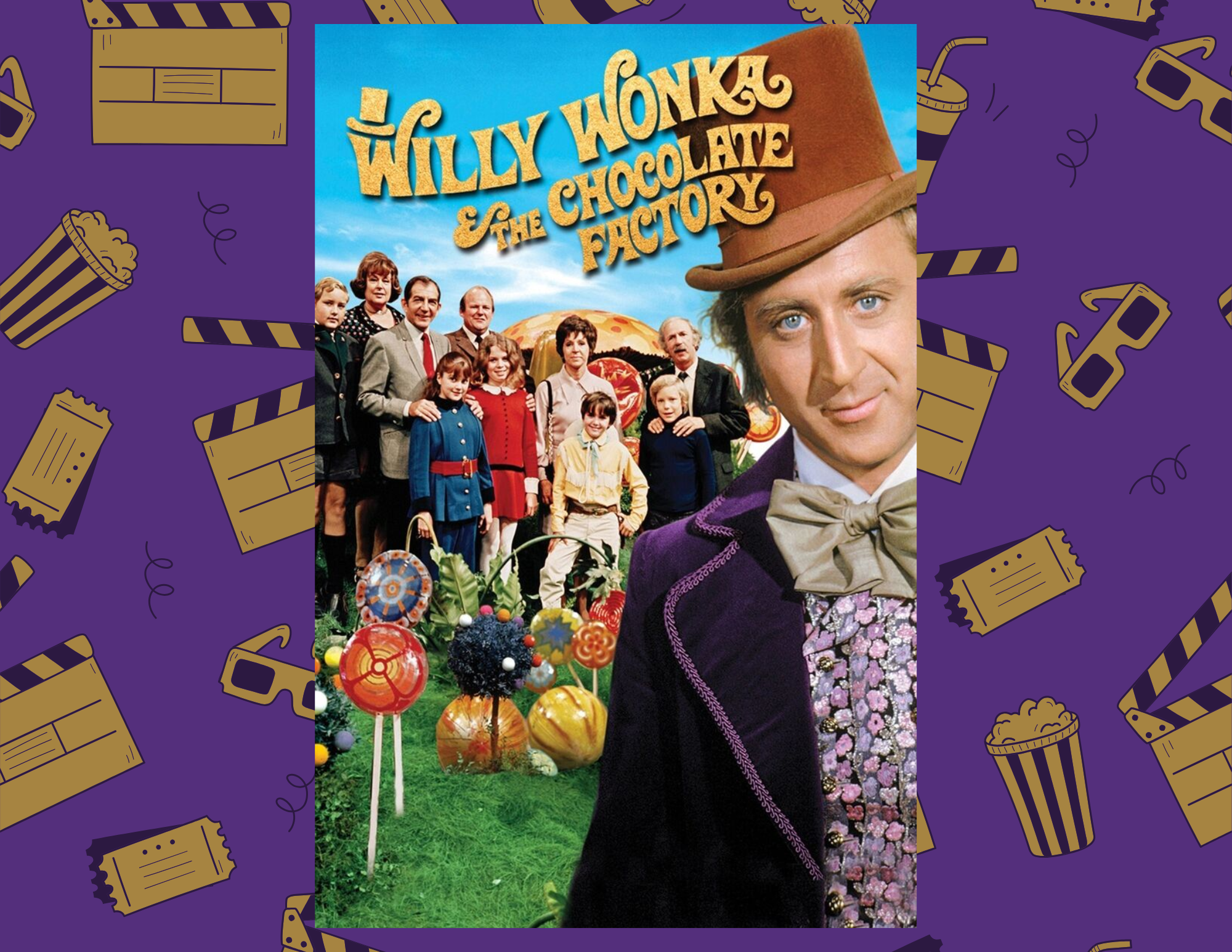 Movie poster for Willy Wonka and the Chocolate Factory on purple background with film graphics