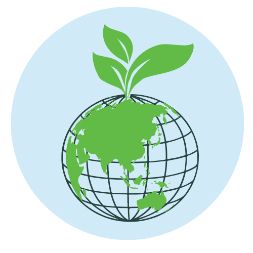 a globe with green land masses and green leaves sprouting from the top