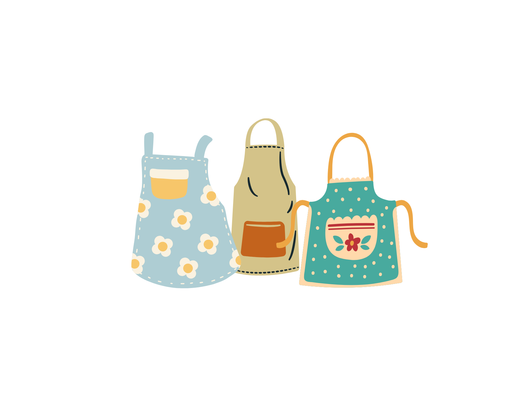 Clip art images of three colorful aprons with pockets.