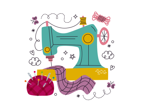 Colorful clip art image of a sewing machine and pin cushion with squiggles and doodles.