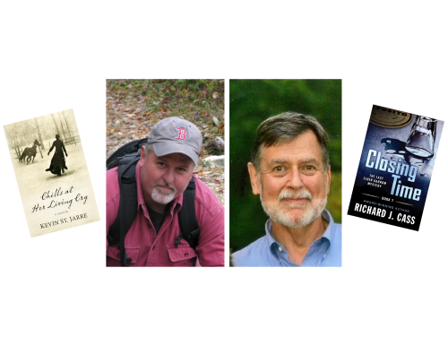 Photos of two white men with two books