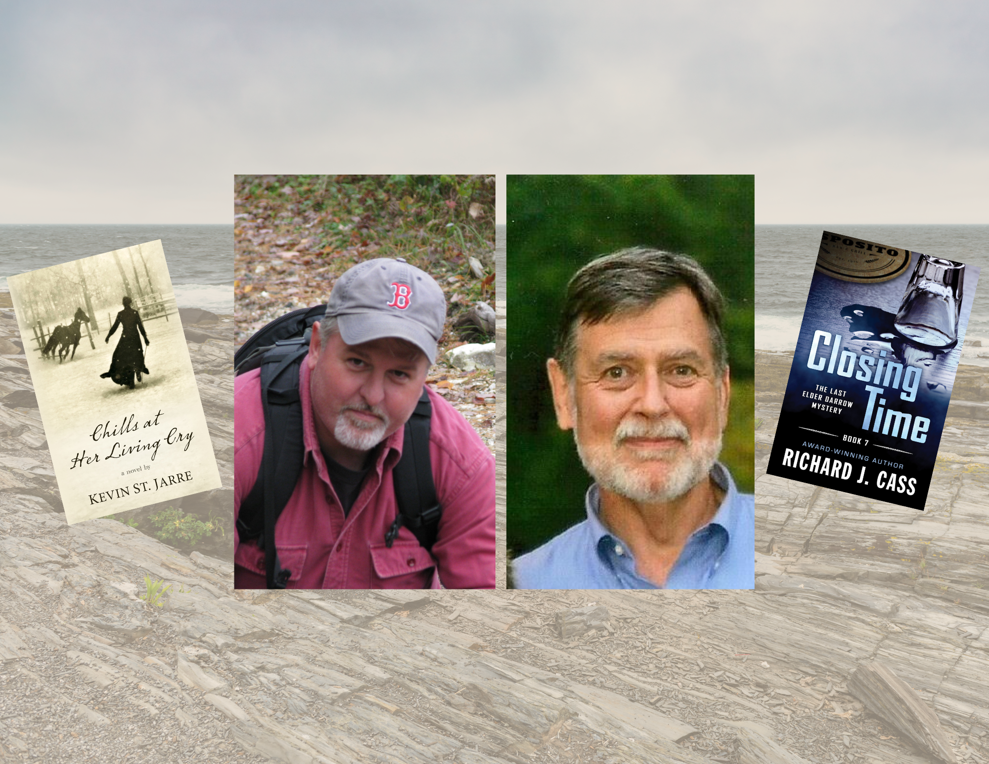 Photos of two white men and two books over a faded background of a rocky beach