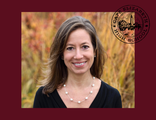 Photo of a white woman with brown hair over a maroon background with black logo for Cape Elizabeth High School