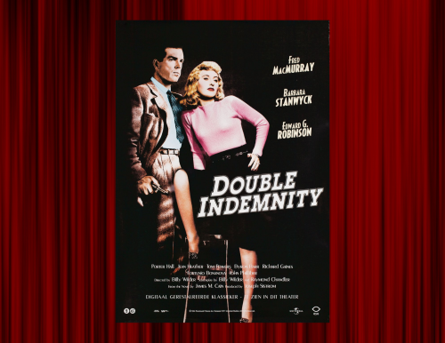 Movie poster for Double Indemnity over image of red theater curtains