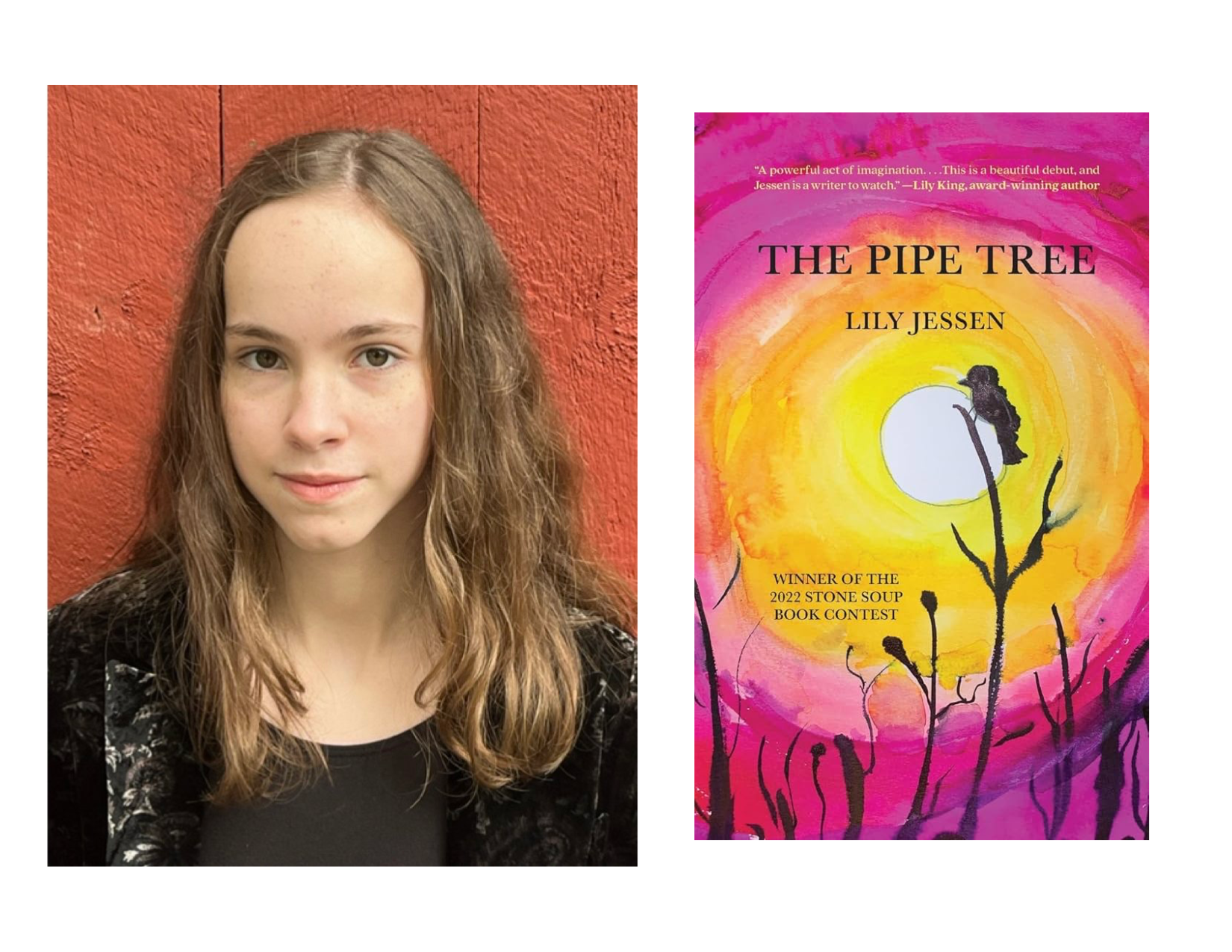 Headshot of author Lily Jessen and book cover of The Pipe Tree. Book cover depicts a painted sunshine with orange and pink around it, and a black bird sitting on a twig in front of the sun.