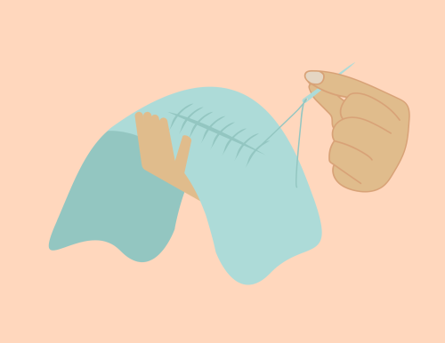 Graphic of hands mending a blue piece of cloth on peach background