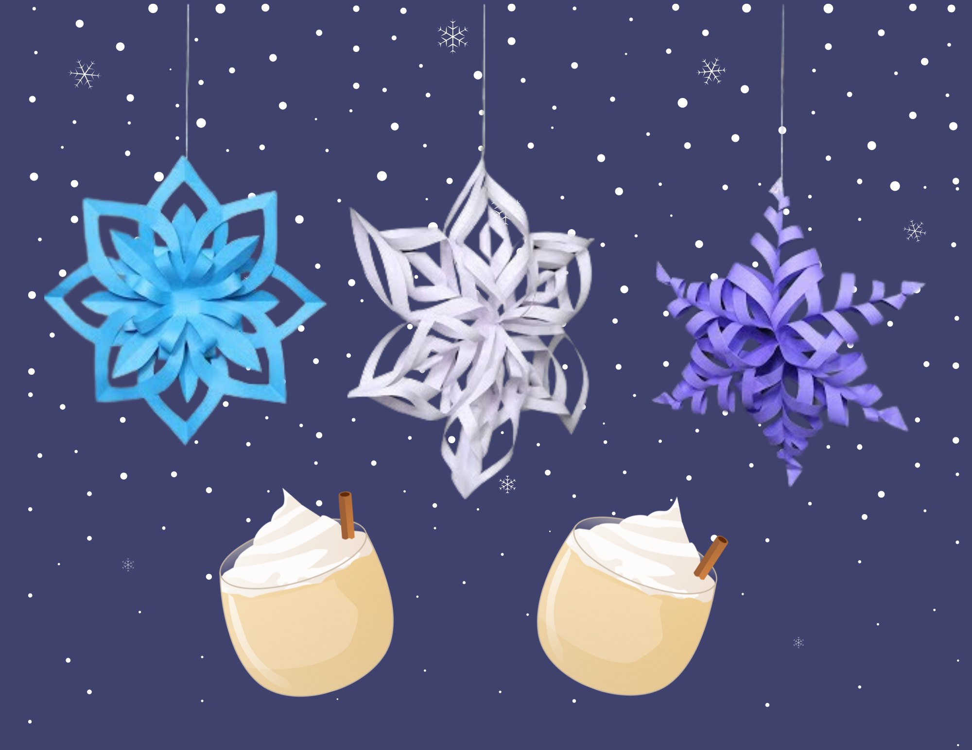 Paper snowflakes and eggnog on a blue background with snowflakes