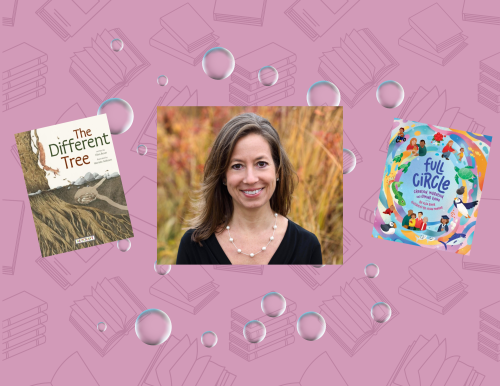 Pink background with bubbles under photos of two books and portrait of white woman with brown hair