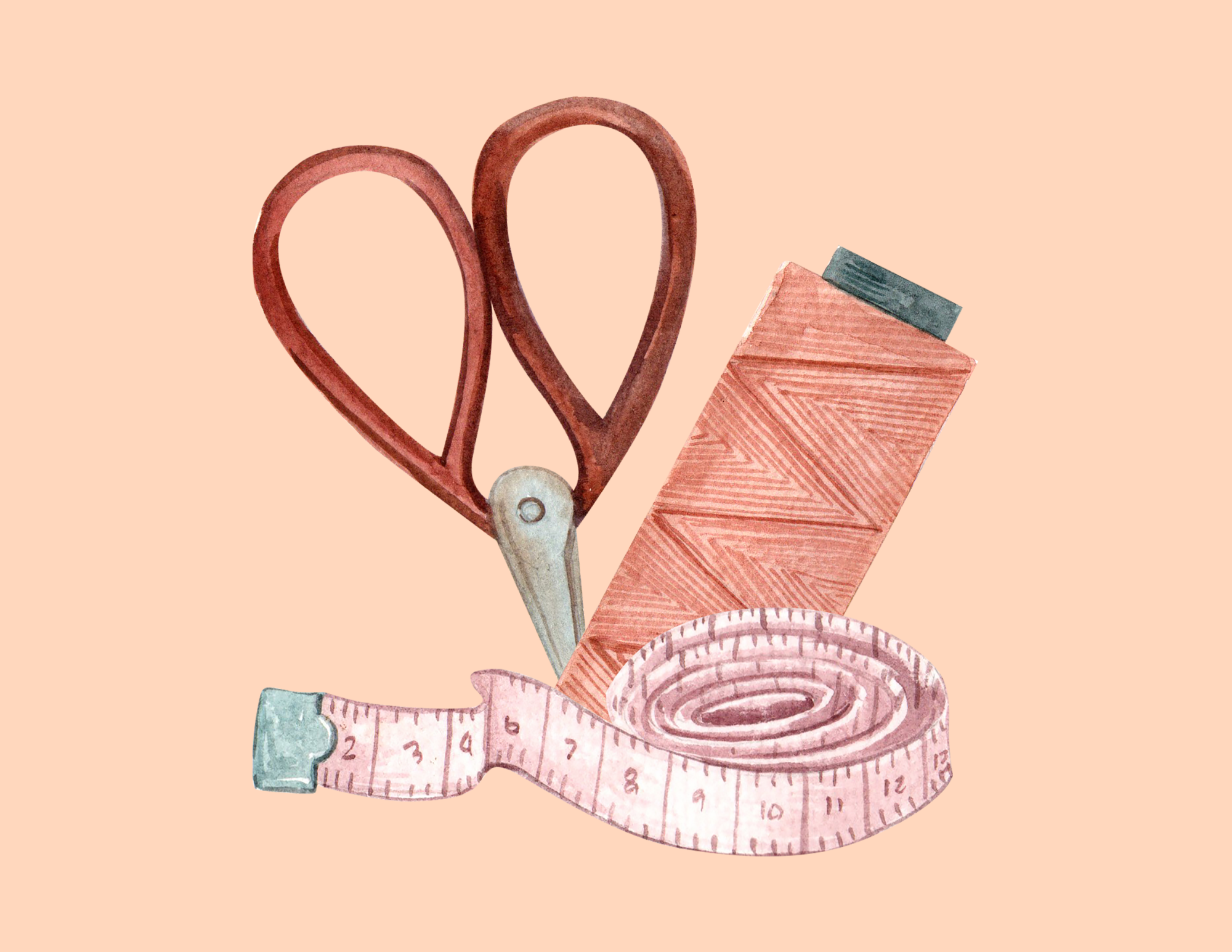 Drawing of scissors, thread, and measuring tape over peach colored background